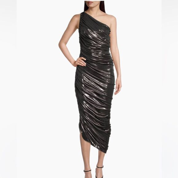 NWT Norma Kamali Diana Metallic Ruched One-Shoulder Gown Small - Picture 1 of 15